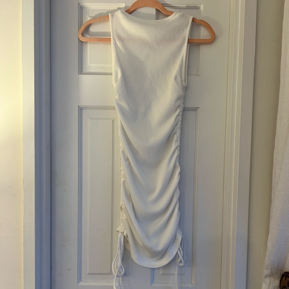 White Ribbed Ruched Dress - Picture 4 of 7